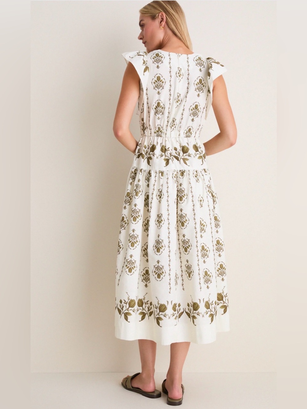 LOVE NWT Tuckernuck Moon River Beige Multi Short Ruffle Sleeve Midi Olive Sz S M - Picture 5 of 10